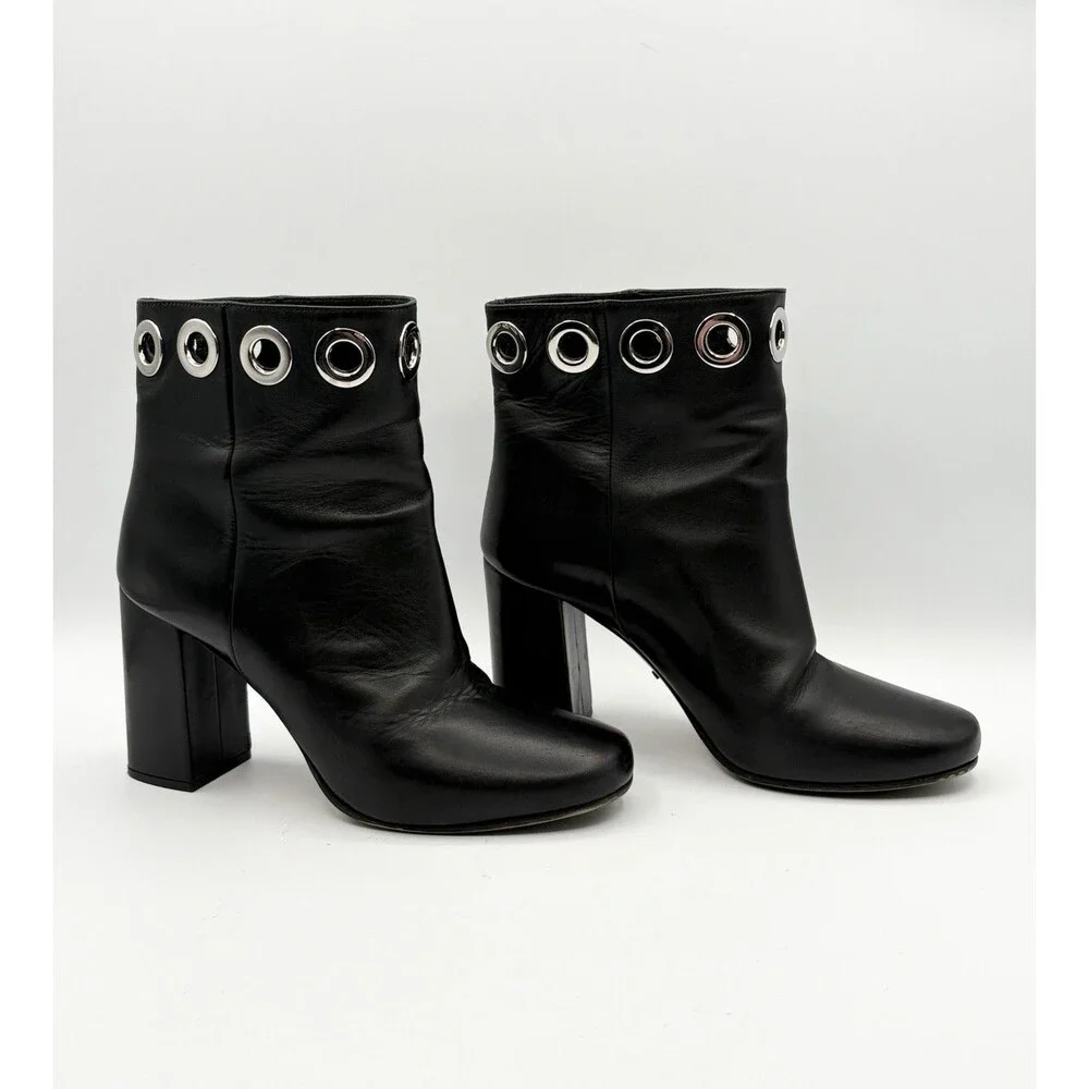 Prada Black Leather Block Heel Ankle Boots Silver Grommet Accent Sz EU 36